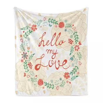 Мягкое фланелевое флисовое одеяло ABAKUHAUS Proverb, валлиграфия Hello My Love в пастельных тонах, цветочный венок на тему Дня святого Валентина, 175 x 230 см, многоцветный