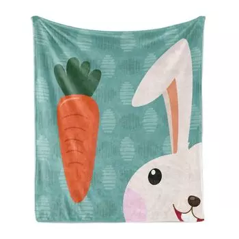 Мягкое фланелевое флисовое одеяло ABAKUHAUS Rabbit, детский мультфильм с половиной лица забавного кролика и огромным морковным принтом, 175 x 230 см, бледно-бирюзовый и разноцветный