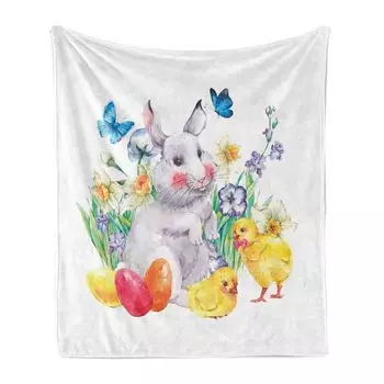 Мягкое фланелевое флисовое одеяло ABAKUHAUS Rabbit, нарисованные силуэты куриных яиц и бабочек, цветы и весенняя тема, 175 x 230 см, разноцветные