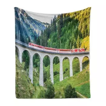 Мягкое фланелевое флисовое одеяло ABAKUHAUS Rails, Швейцарская лесная железная дорога, уютный плюш для использования внутри и снаружи, 125 x 175 см, разноцветный