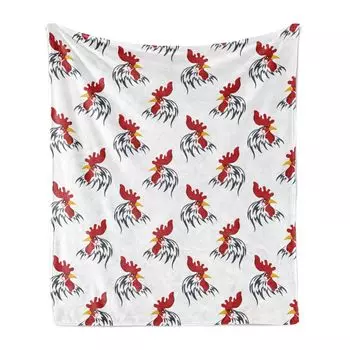 Мягкое фланелевое флисовое одеяло ABAKUHAUS Rooster, повторяющееся символическое изображение головы сельскохозяйственного животного на обычном фоне с художественным принтом, 175 x 230 см, белый и киноварь