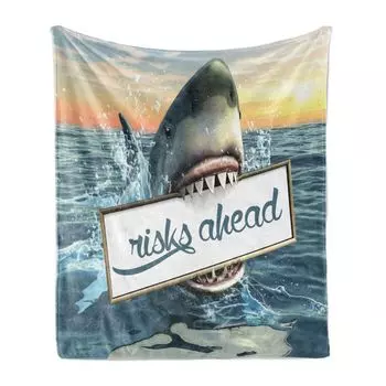 Мягкое фланелевое флисовое одеяло ABAKUHAUS Shark, табличка с надписью «Опасные крупные рыбы» и «Острые зубы в океане», 175 x 230 см, разноцветная