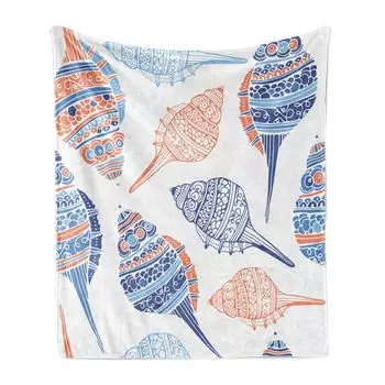 Мягкое фланелевое флисовое одеяло ABAKUHAUS Shell, Maritime Sealife Sea Creatures Colorful Shells in Beach Doodle, 175 x 230 см, синий, белый, бледно-оранжевый