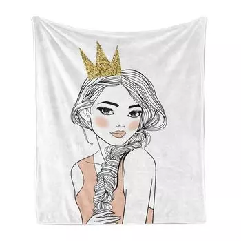 Мягкое фланелевое флисовое одеяло ABAKUHAUS Sketching, Девушка в короне с красивой заплетенной прической, 175 x 230 см, Белый бледно-персиковый