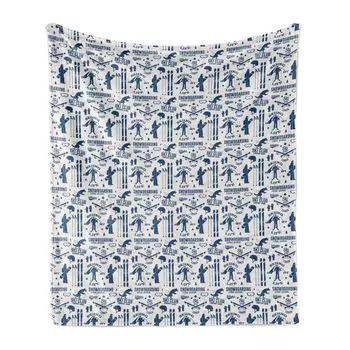 Мягкое фланелевое флисовое одеяло ABAKUHAUS Ski Pattern, мотивы на лыжную тематику, уютный плюш для использования в помещении и на улице, 125 x 175 см, яичная скорлупа и темно-голубой