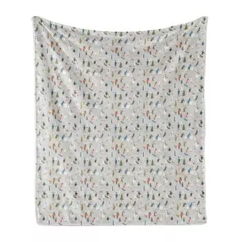 Мягкое фланелевое флисовое одеяло ABAKUHAUS Ski Pattern, пастельные зимние люди, уютный плюш для использования в помещении и на открытом воздухе, 125 x 175 см, бледно-серо-коричневый и разноцветный