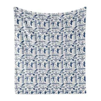 Мягкое фланелевое флисовое одеяло ABAKUHAUS Ski Pattern, однотонный дизайн в винтажном стиле с мотивами лыжной тематики, 175 x 230 см, темно-голубой, яичная скорлупа, синий