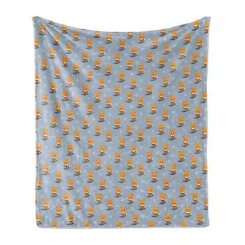 Мягкое фланелевое флисовое одеяло ABAKUHAUS Ski Pattern, детская забавная карикатура на катающегося на лыжах котика и зимнюю снежинку, 175 x 230 см, серо-голубой, абрикосово-серый, синий