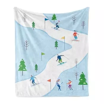 Мягкое фланелевое флисовое одеяло ABAKUHAUS Ski Pattern, дорожка для зимних видов спорта, уютный плюш для использования в помещении и на открытом воздухе, 125 x 175 см, нежно-голубой и разноцветный