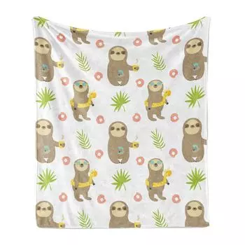Мягкое фланелевое флисовое одеяло ABAKUHAUS Sloth, тропическая фотография кактусов и ленивцев, пьющих кофе и поедающих пончик, 175 x 230 см, белый и разноцветный