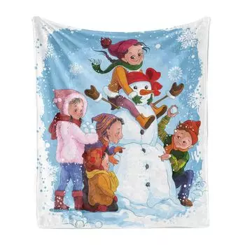 Мягкое фланелевое флисовое одеяло ABAKUHAUS Snowman, мультяшный арт-дизайн для детей, играющих на улице под снегом, праздничные ощущения, 175 x 230 см, разноцветные