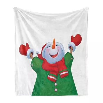 Мягкое фланелевое флисовое одеяло ABAKUHAUS Snowman, счастливый персонаж, руки вверх, уютный плюш для использования в помещении и на улице, 125 x 175 см, разноцветный