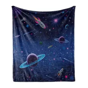 Мягкое фланелевое флисовое одеяло ABAKUHAUS Space, Orbit Rocket Galaxy, уютный плюш для использования в помещении и на улице, 125 x 175 см, индиго и черный