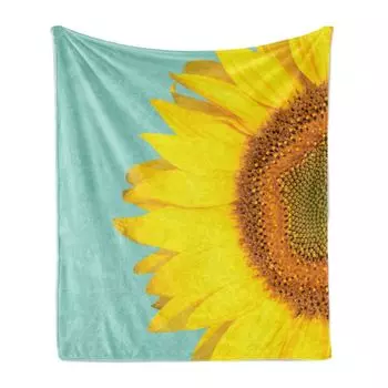Мягкое фланелевое флисовое одеяло ABAKUHAUS Sunflower, полулепесток крупным планом, уютный плюш для использования в помещении и на улице, 125 x 175 см, горчичный темно-оранжевый