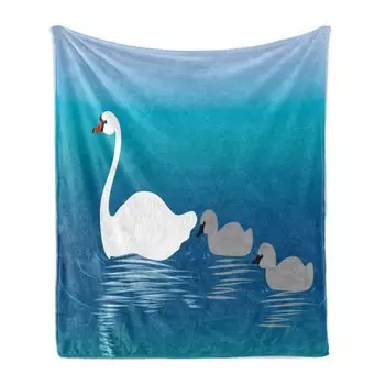 Мягкое фланелевое флисовое одеяло ABAKUHAUS Swan, мультяшный рисунок с изображением матери и ребенка водоплавающих птиц, плывущих по озеру, 175 x 230 см, разноцветный