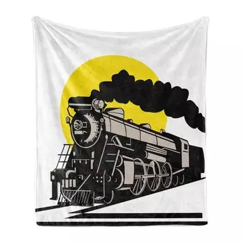 Мягкое фланелевое флисовое одеяло ABAKUHAUS Train, упрощенный рисунок от Lokomotive Dampf и Round Sun Reisen, 175 x 230 см, черно-желтый