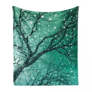 Мягкое фланелевое флисовое одеяло ABAKUHAUS Tree, голые ветки со звездами, уютный плюш для использования в помещении и на улице, 125 x 175 см, цвет морской волны, темно-бирюзовый