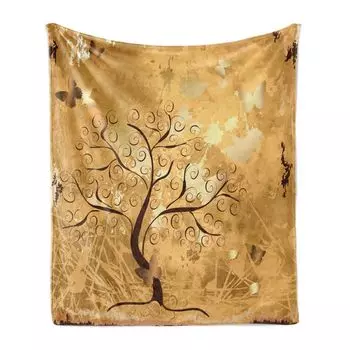 Мягкое фланелевое флисовое одеяло ABAKUHAUS Tree, композиция Dirt Art с закрученными ветвями и силуэтами бабочек, 175 x 230 см, коричневый и светло-коричневый