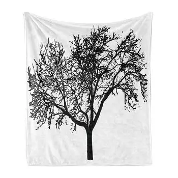 Мягкое фланелевое флисовое одеяло ABAKUHAUS Tree, Silhouette Art Bare Branches в простом дизайне, иллюстрация природы, 175 x 230 см, Угольно-серый белый