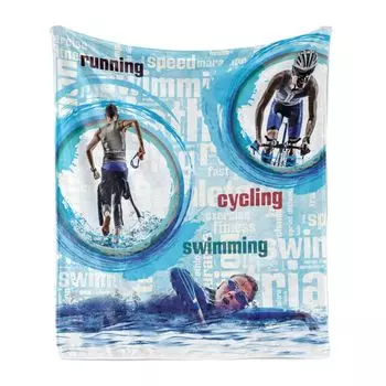 Мягкое фланелевое флисовое одеяло ABAKUHAUS Triathlon, плавание на велосипеде, бег, уютный плюш для использования в помещении и на открытом воздухе, 125 x 175 см, небесно-голубой и многоцветный