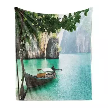 Мягкое фланелевое флисовое одеяло ABAKUHAUS Tropical, World Seascape Shore, уютный плюш для использования в помещении и на улице, 125 x 175 см, разноцветное