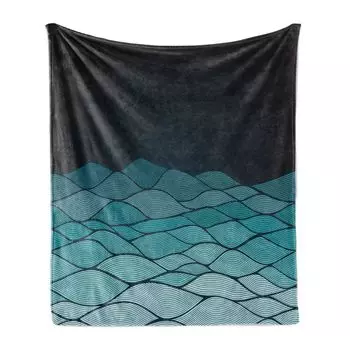 Мягкое фланелевое флисовое одеяло ABAKUHAUS Waves, морской узор Ocean Fluid Dynamics Water Doodle Blue Ombre, 175 x 230 см, темно-бензиновый синий морской синий