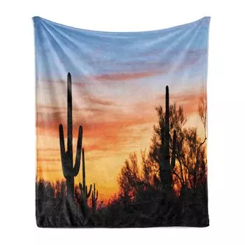 Мягкое фланелевое флисовое одеяло ABAKUHAUS Western, Desert Cactus Wild West, уютный плюш для использования в помещении и на улице, 125 x 175 см, оранжевый и черный