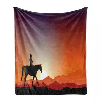 Мягкое фланелевое флисовое одеяло ABAKUHAUS Western, силуэт ковбоя на лошади, проезжающего мимо сцены сафари в пустыне, 175 x 230 см, ярко-красный, антрацитово-серый