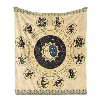 Мягкое фланелевое флисовое одеяло ABAKUHAUS Zodiac, мистический гороскоп, колесо с письменными именами, 175 x 230 см, бежевый, кока-серый