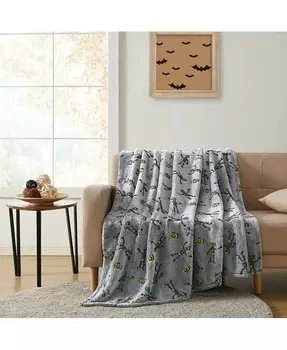 Мягкое и плюшевое большое одеяло с жутким свечением в темноте на Хэллоуин в виде танцующих скелетов Kate Aurora, серый