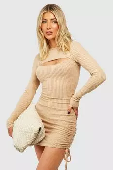 Мягкое мини-платье со сборками и вырезами в рубчик boohoo, бежевый
