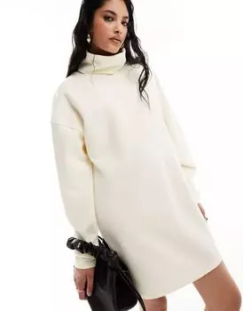 Мягкое мини-платье-свитер цвета слоновой кости ASOS с объемными рукавами и водолазкой