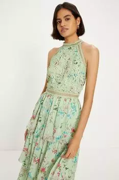 Мягкое многоярусное платье миди из мягкого цветочного кружева с бретелькой на шее Oasis, зеленый