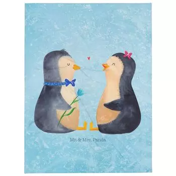 Мягкое одеяло Mr. & Mrs. Panda XL для пары пингвинов - ледяной синий - подарок, годовщина свадьбы, счастье, влюбленные, пара мечты, любовь, большая любовь, годовщина, белый