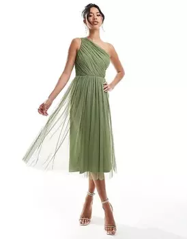 Мягкое оливковое платье миди на одно плечо из тюля Lace & Beads Bridesmaid