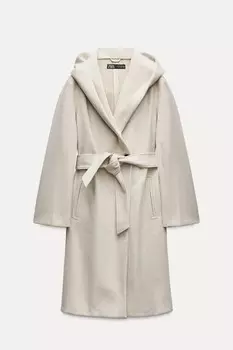Мягкое пальто с капюшоном и поясом ZARA, экрю