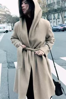 Мягкое пальто с капюшоном и поясом ZARA, бежевый