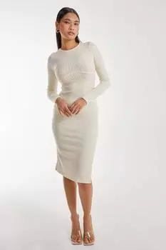 Мягкое платье миди в рубчик с длинными рукавами и начесом Pink Vanilla, белый