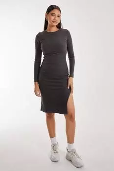 Мягкое платье миди в рубчик с длинными рукавами и начесом Pink Vanilla, серый