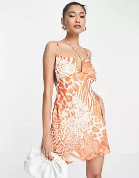Мягкое платье мини косого кроя с завязками спереди ASOS DESIGN и анималистическим принтом с камнями