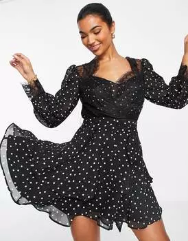 Мягкое платье мини в горошек с кружевными ресничками ASOS DESIGN
