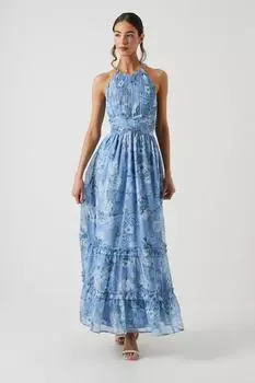 Мягкое платье подружки невесты макси с цветочным принтом и вырезом на шее Oasis, синий