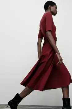 Мягкое платье с поясом ZARA, бордовый