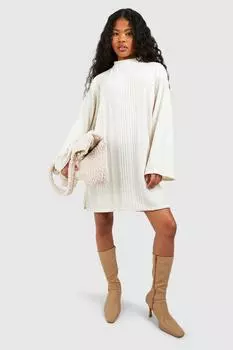 Мягкое текстурированное платье в рубчик Petite с высоким воротником boohoo, белый