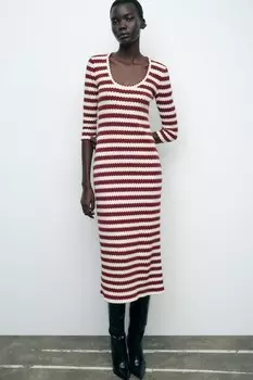 Мягкое текстурное платье ZARA, экрю/бордовый