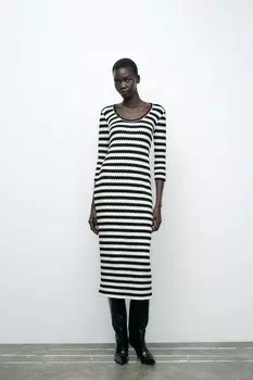 Мягкое текстурное платье ZARA, экрю/черный
