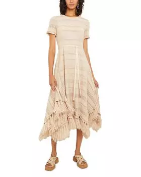 Мягкое трикотажное платье в полоску с бахромой Misook, коричневый/бежевый