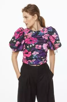 Мятая блуза с пышными рукавами H&amp;M, черный/цветы