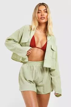 Мятая рубашка с карманами и короткая пляжная комбинация boohoo, зеленый