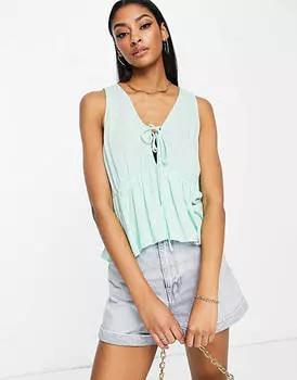 Мятая зеленая майка со шнуровкой спереди и баской по низу ASOS DESIGN